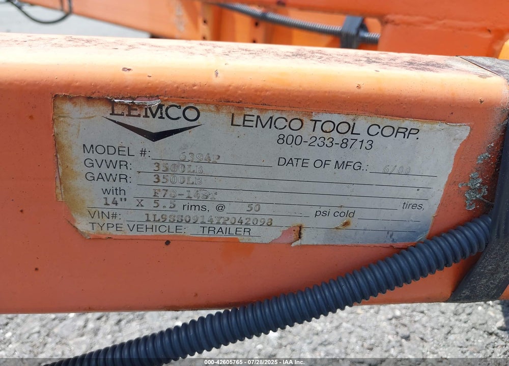2000 LAMCO MFG & DISTR CO LEMCO TRAILER VIN: 1L9SS0914YP042098