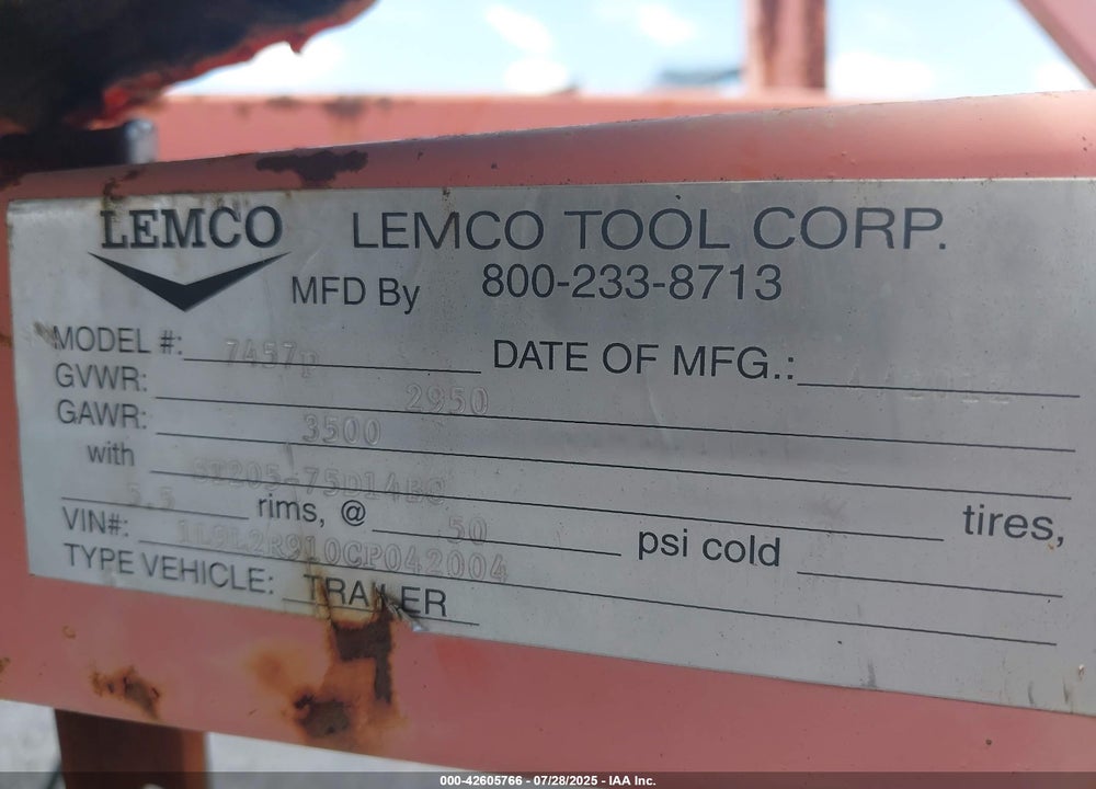 2012 LAMCO MFG & DISTR CO LEMCO 7457P TRAILER VIN: 1L9L2R910CP042004