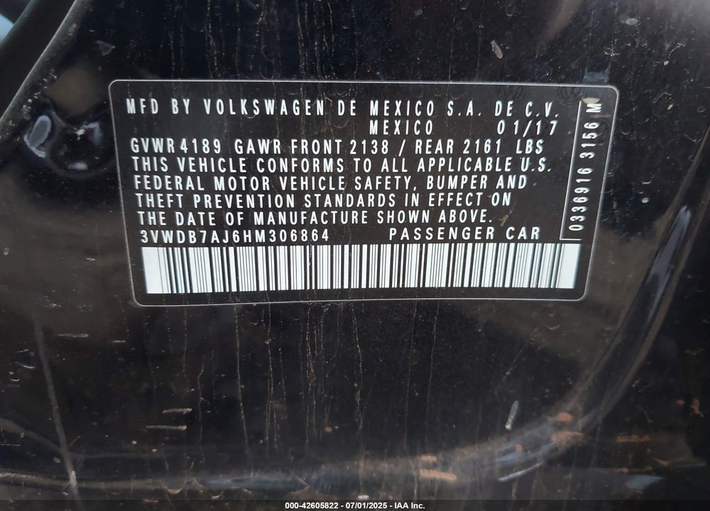 2017 VOLKSWAGEN JETTA VIN: 3VWDB7AJ6HM306864