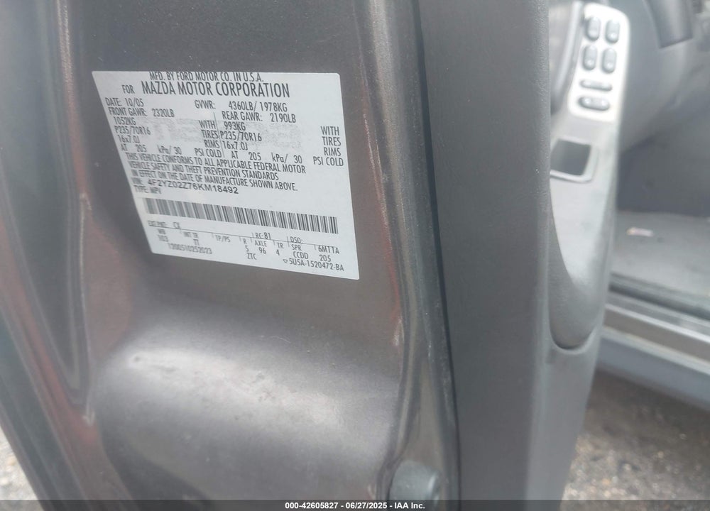 2006 MAZDA TRIBUTE I VIN: 4F2YZ02Z76KM18492