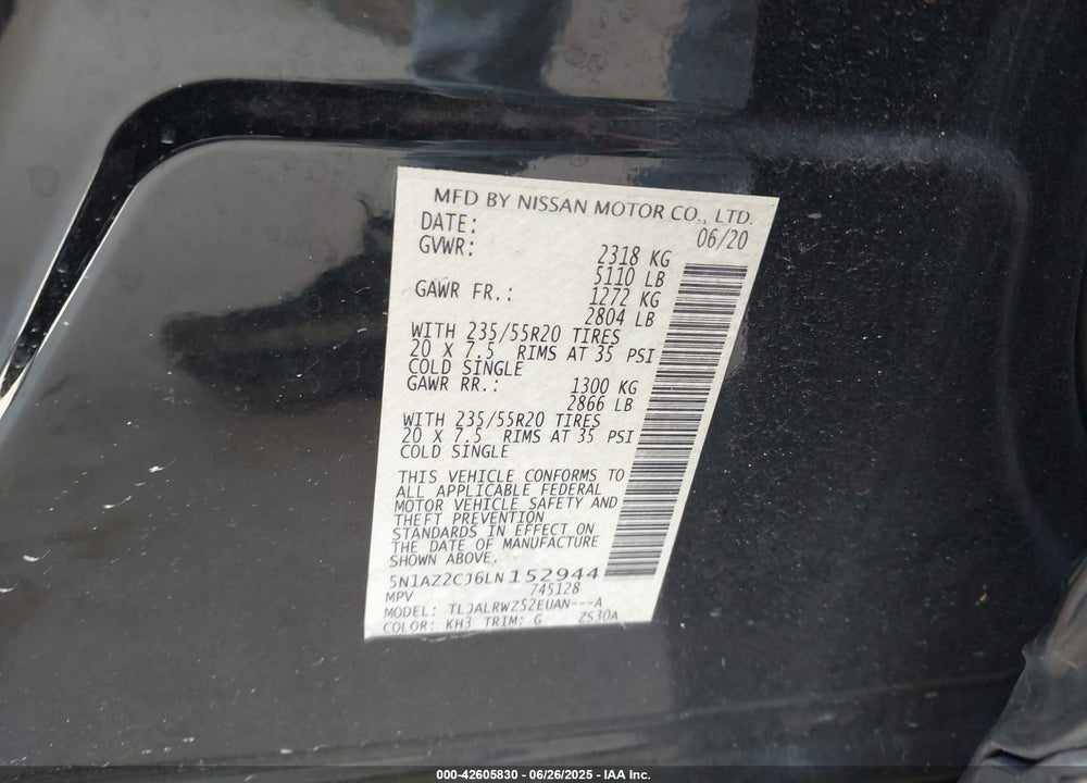 2020 NISSAN MURANO VIN: 5N1AZ2CJ6LN152944
