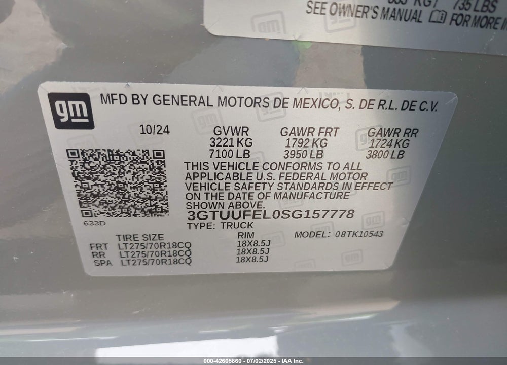 2025 GMC SIERRA 1500 VIN: 3GTUUFEL0SG157778