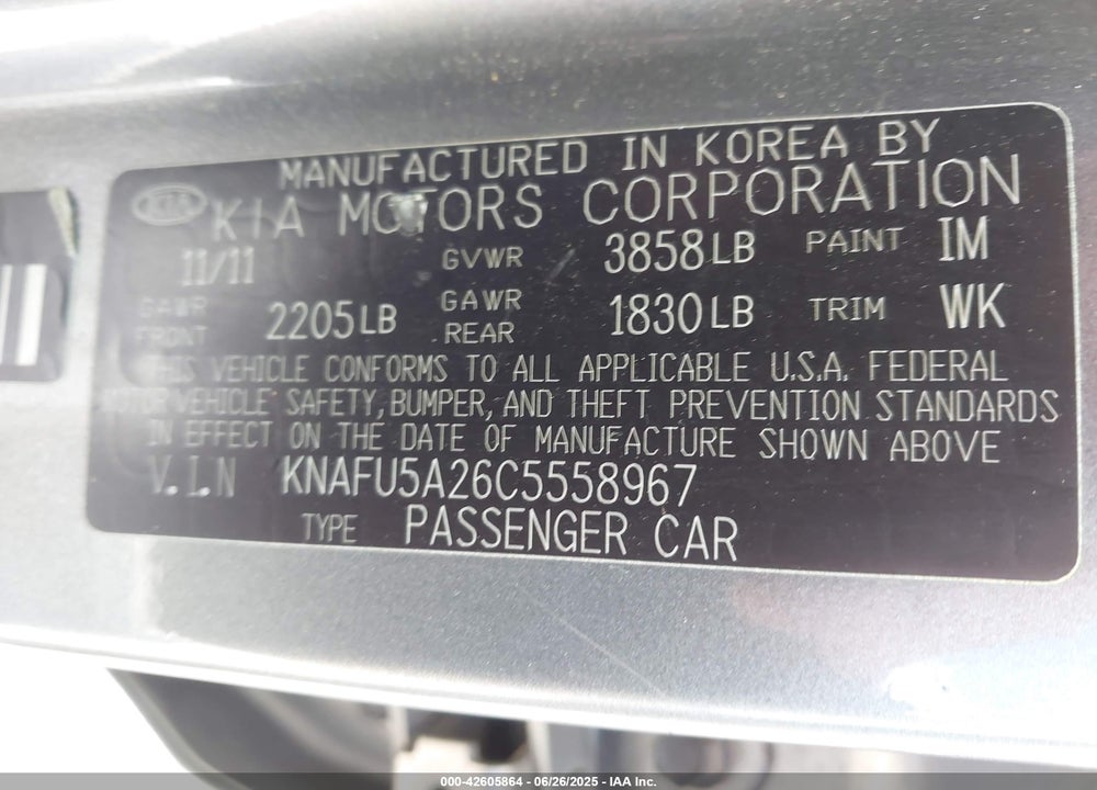 2012 KIA FORTE VIN: KNAFU5A26C5558967