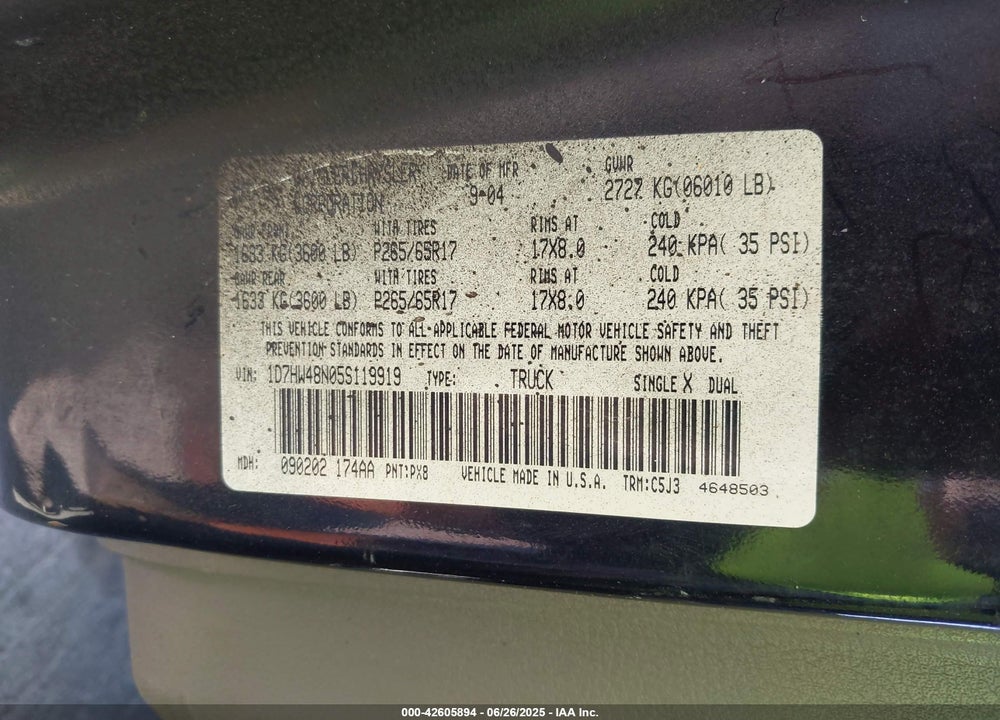 2005 DODGE DAKOTA SLT VIN: 1D7HW48N05S119919