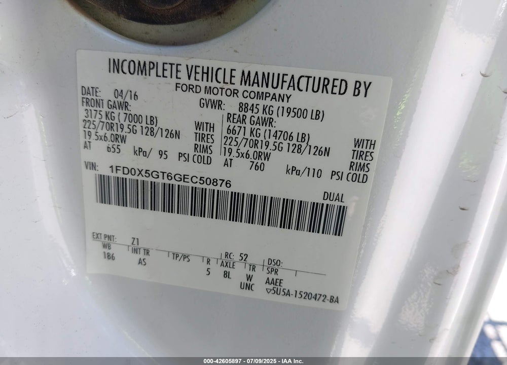 2016 FORD F-550 CHASSIS XL VIN: 1FD0X5GT6GEC50876