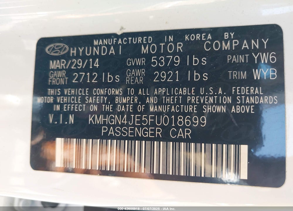 2015 HYUNDAI GENESIS VIN: KMHGN4JE5FU018699