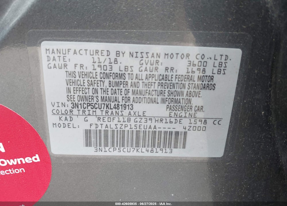 2019 NISSAN KICKS VIN: 3N1CP5CU7KL481913