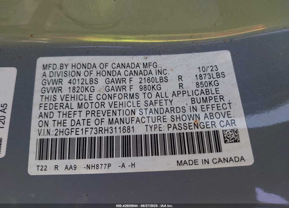 2024 HONDA CIVIC EX VIN: 2HGFE1F73RH311681