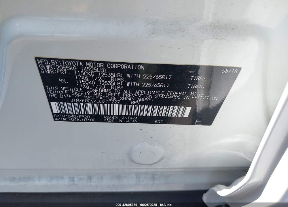 2018 TOYOTA RAV4 VIN: JTMZFREV4JJ200227