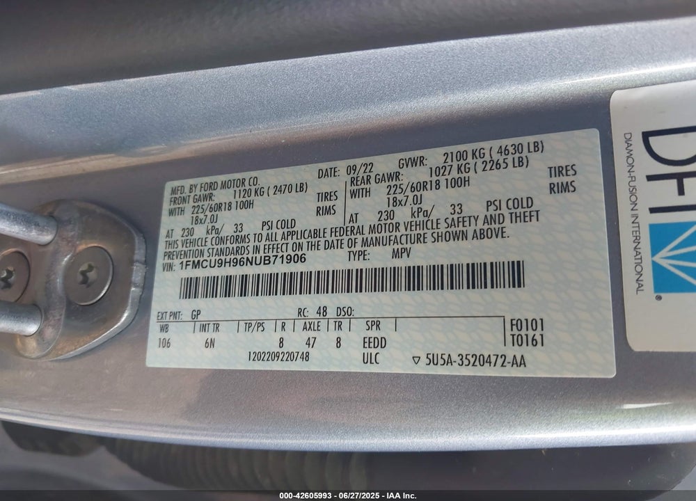 2022 FORD ESCAPE VIN: 1FMCU9H96NUB71906