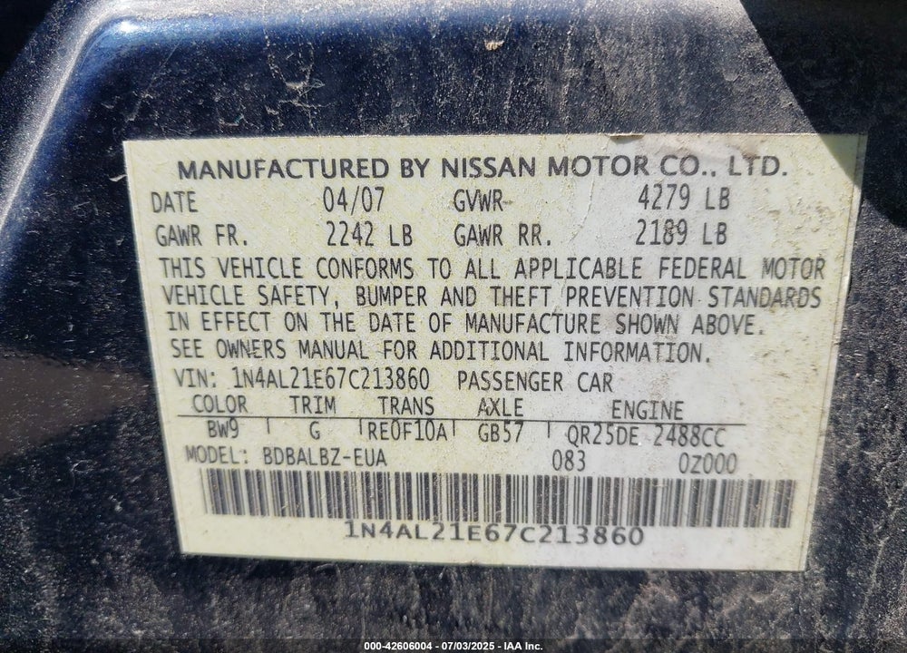 2007 NISSAN ALTIMA 2.5 S VIN: 1N4AL21E67C213860