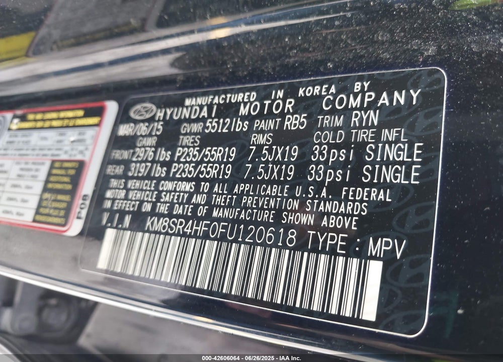 2015 HYUNDAI SANTA FE VIN: KM8SR4HF0FU120618