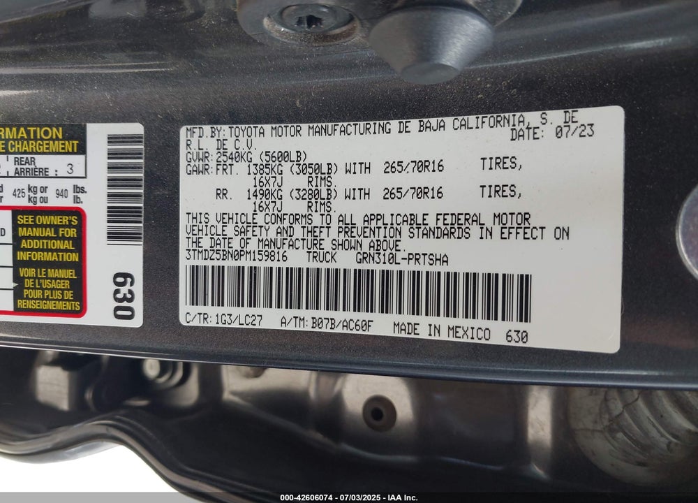2023 TOYOTA TACOMA VIN: 3TMDZ5BN0PM159816