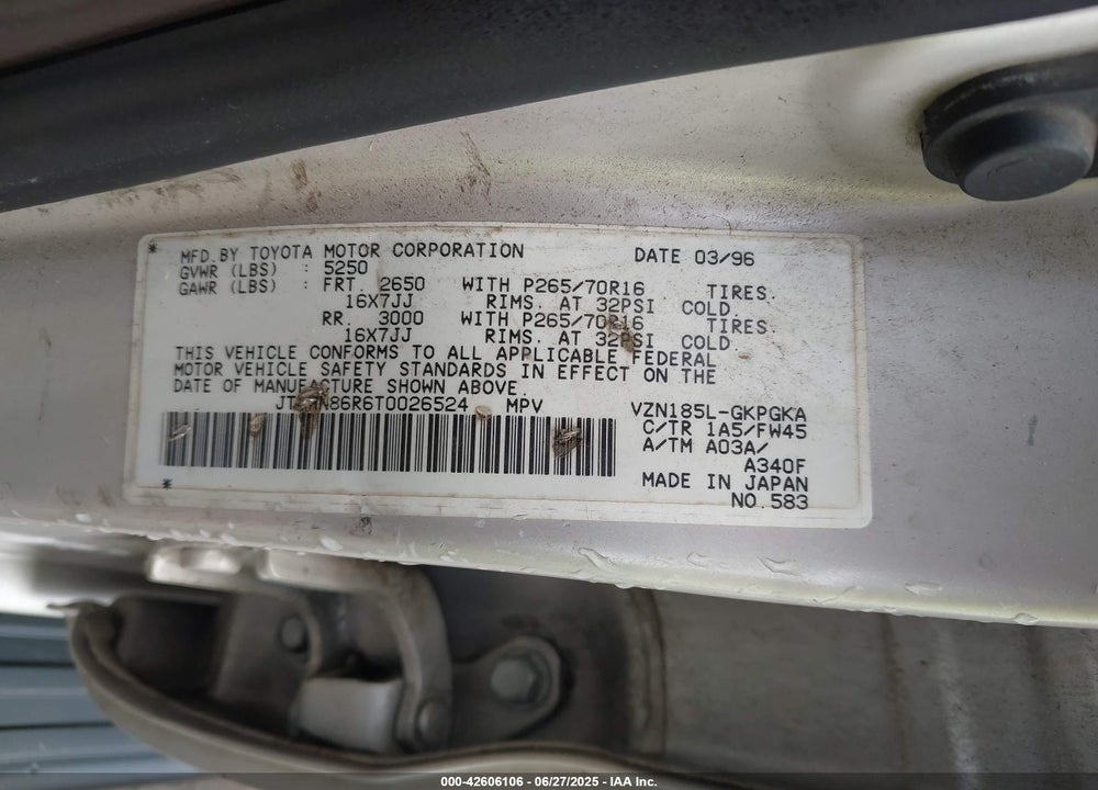 1996 TOYOTA 4RUNNER SR5 VIN: JT3HN86R6T0026524