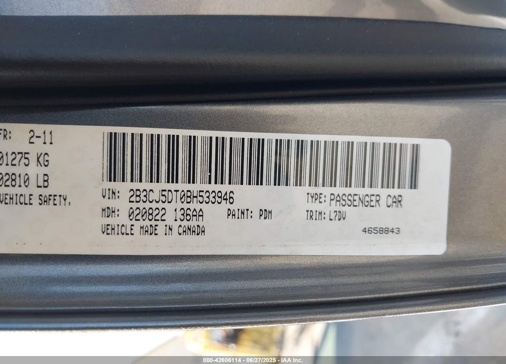 2011 DODGE CHALLENGER R/T VIN: 2B3CJ5DT0BH533946