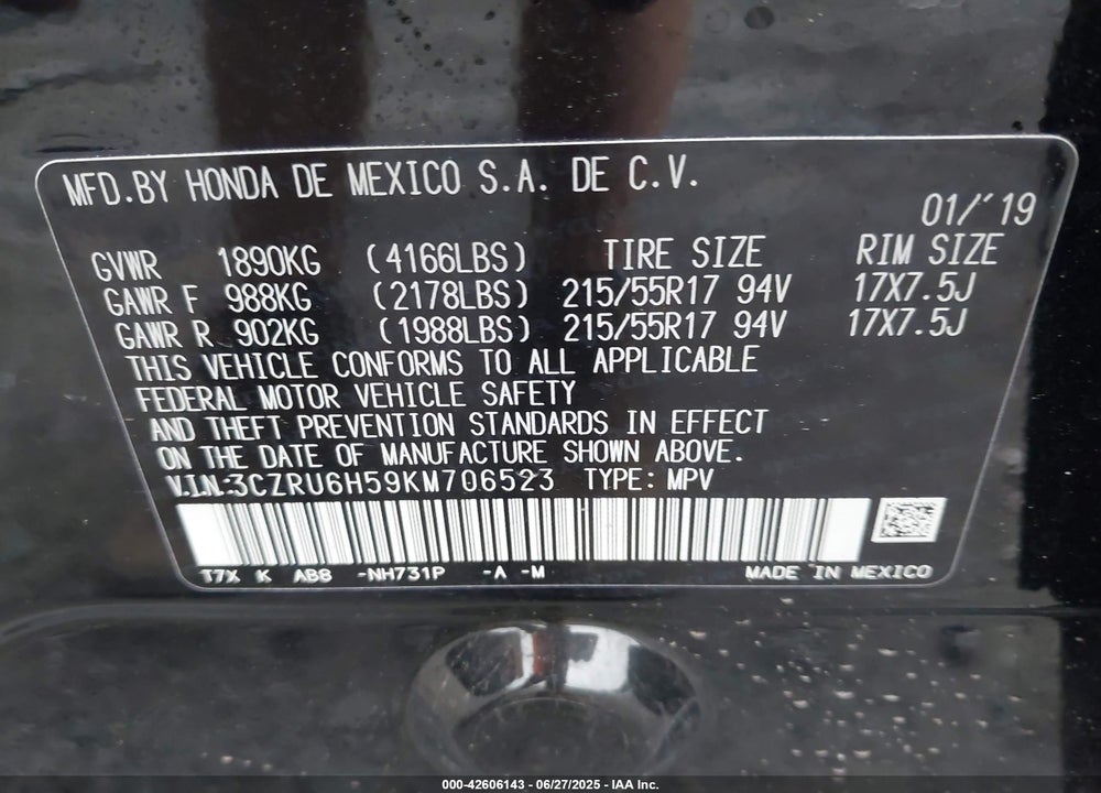 2019 HONDA HR-V VIN: 3CZRU6H59KM706523