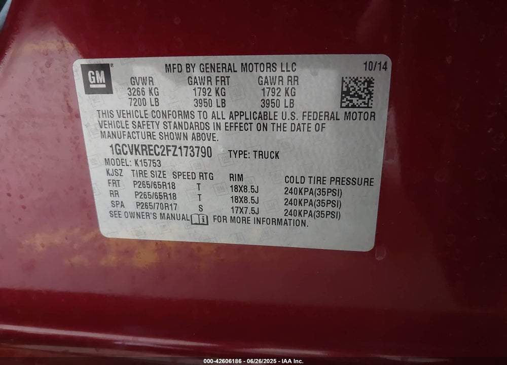 2015 CHEVROLET SILVERADO 1500 2LT VIN: 1GCVKREC2FZ173790