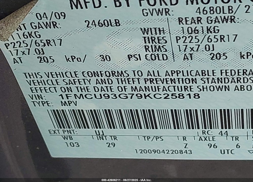 2009 FORD ESCAPE VIN: 1FMCU93G79KC25818