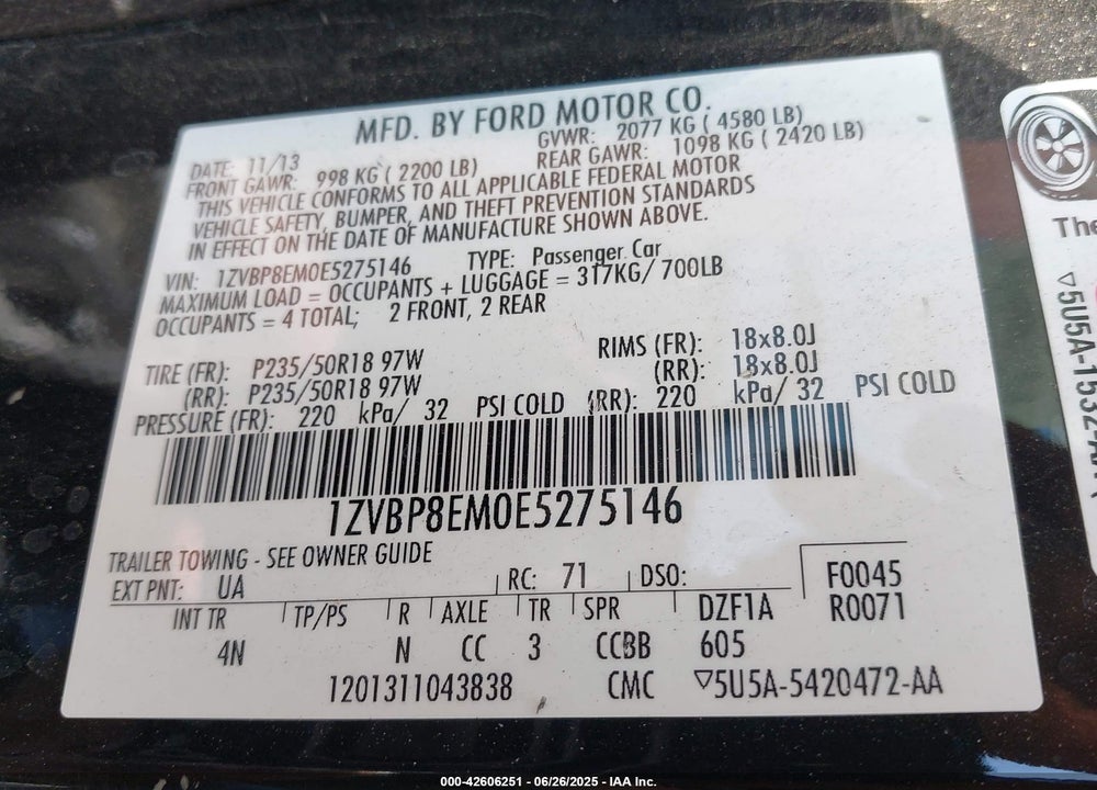 2014 FORD MUSTANG VIN: 1ZVBP8EM0E5275146