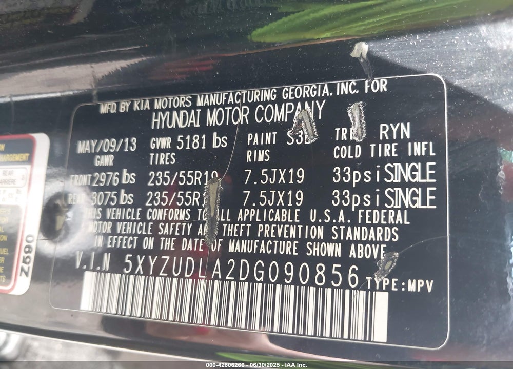 2013 HYUNDAI SANTA FE VIN: 5XYZUDLA2DG090856