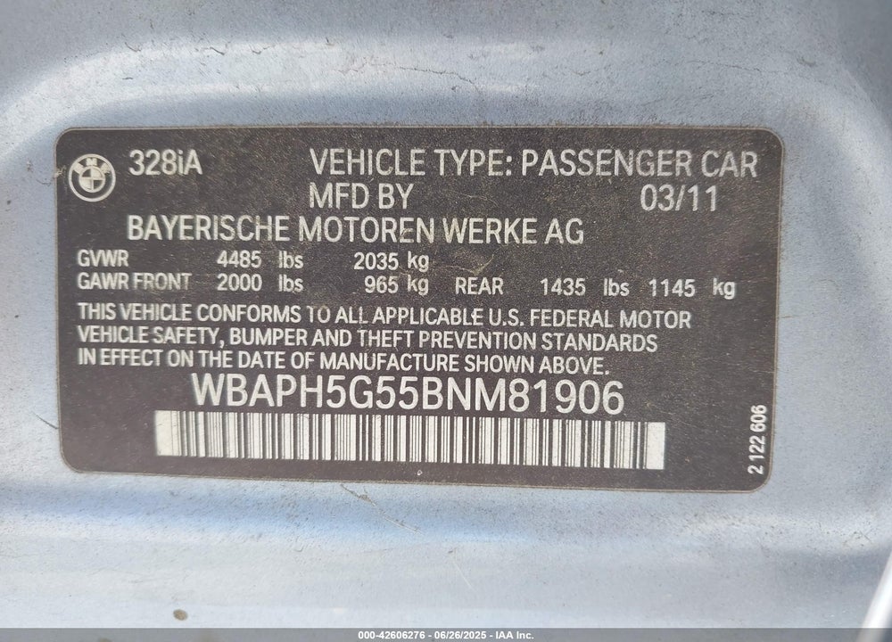 2011 BMW 3 SERIES VIN: WBAPH5G55BNM81906