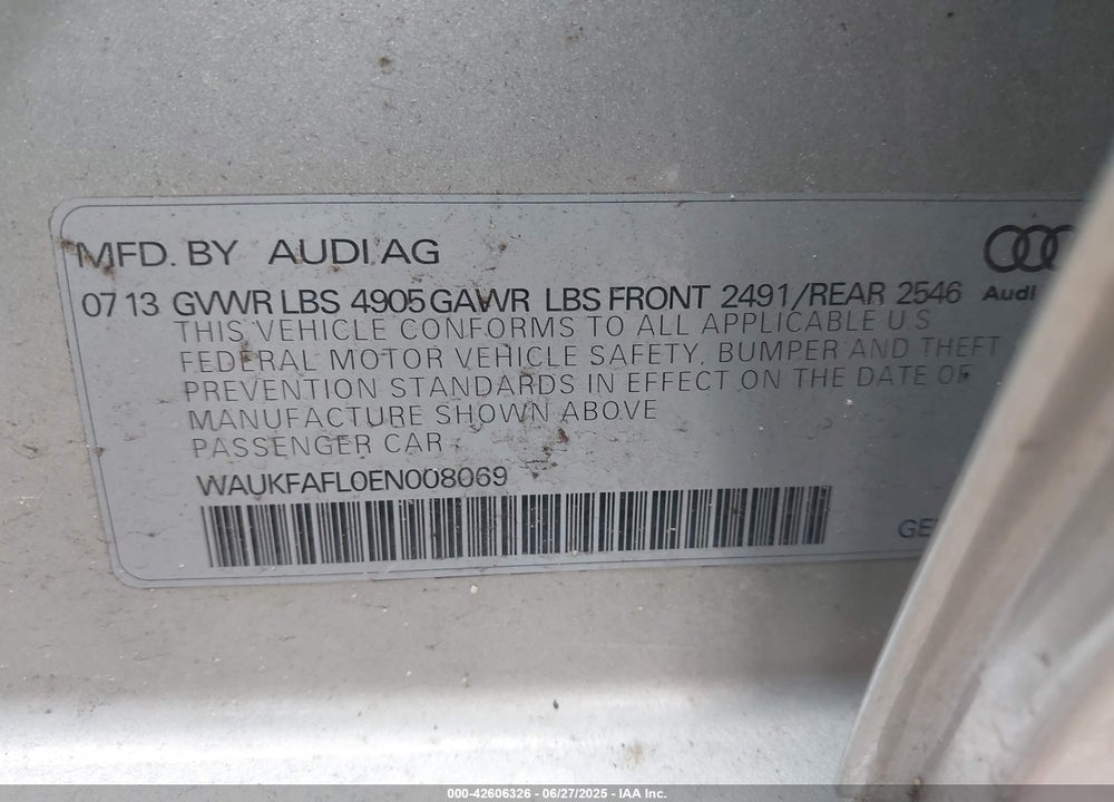 2014 AUDI A4 2.0T PREMIUM VIN: WAUKFAFL0EN008069