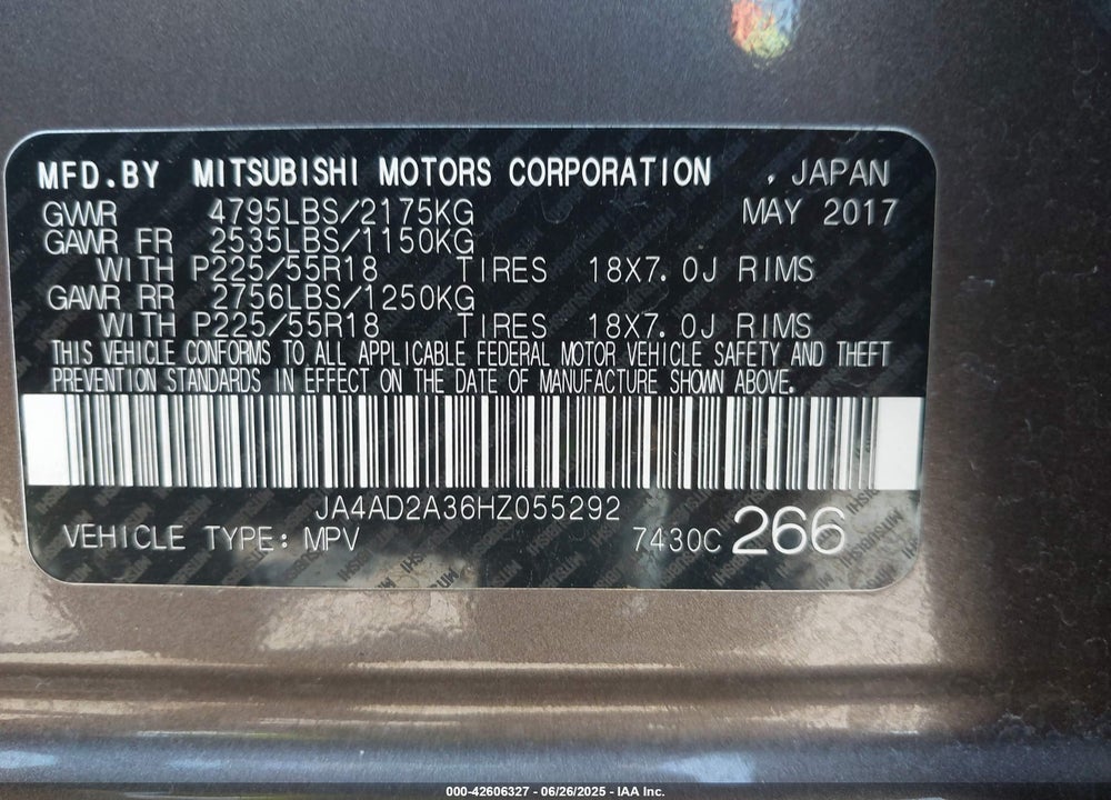 2017 MITSUBISHI OUTLANDER VIN: JA4AD2A36HZ055292