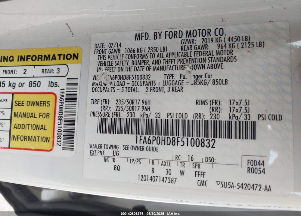 2015 FORD FUSION SE VIN: 1FA6P0HD8F5100832