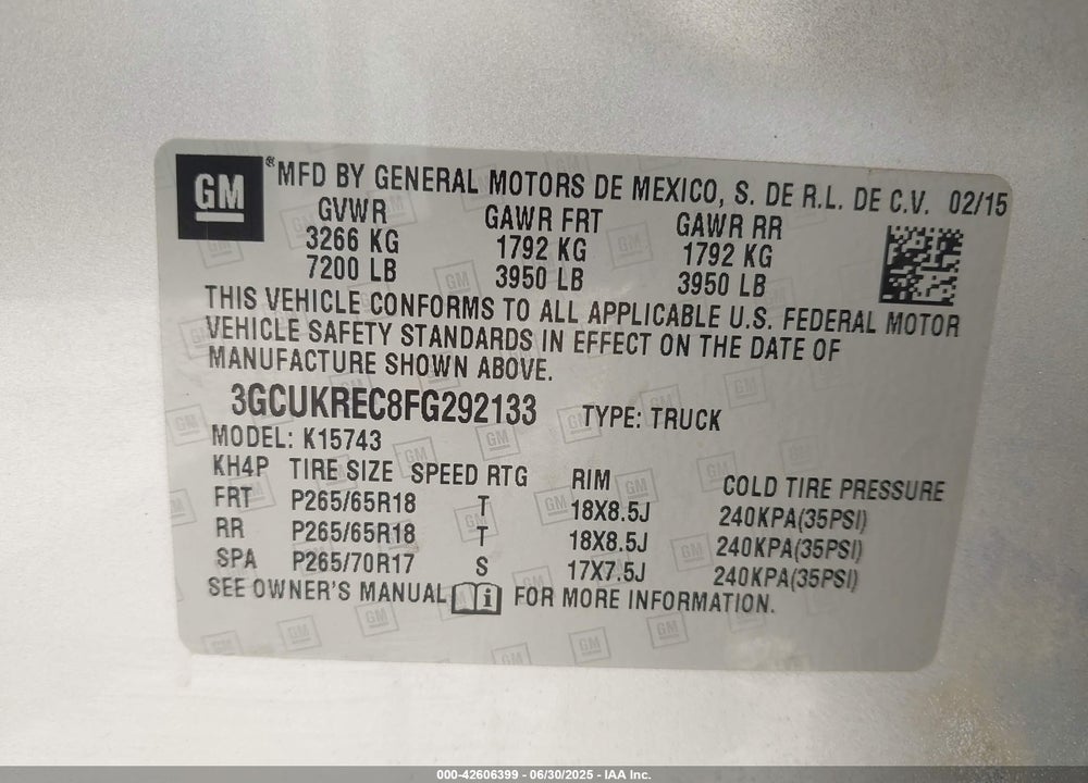 2015 CHEVROLET SILVERADO 1500 VIN: 3GCUKREC8FG292133