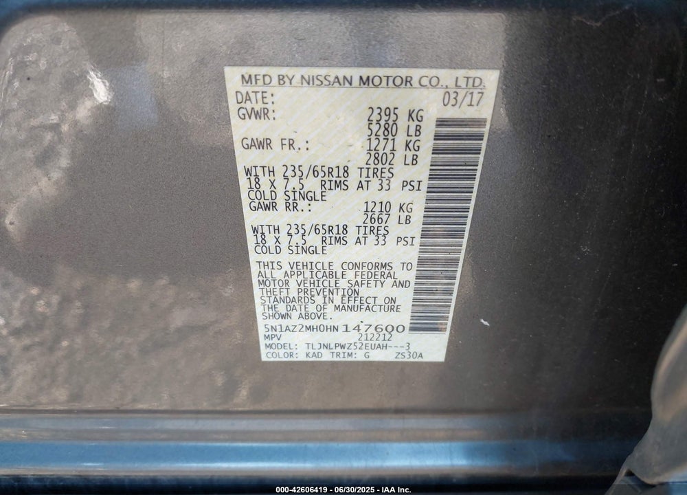 2017 NISSAN MURANO VIN: 5N1AZ2MH0HN147600