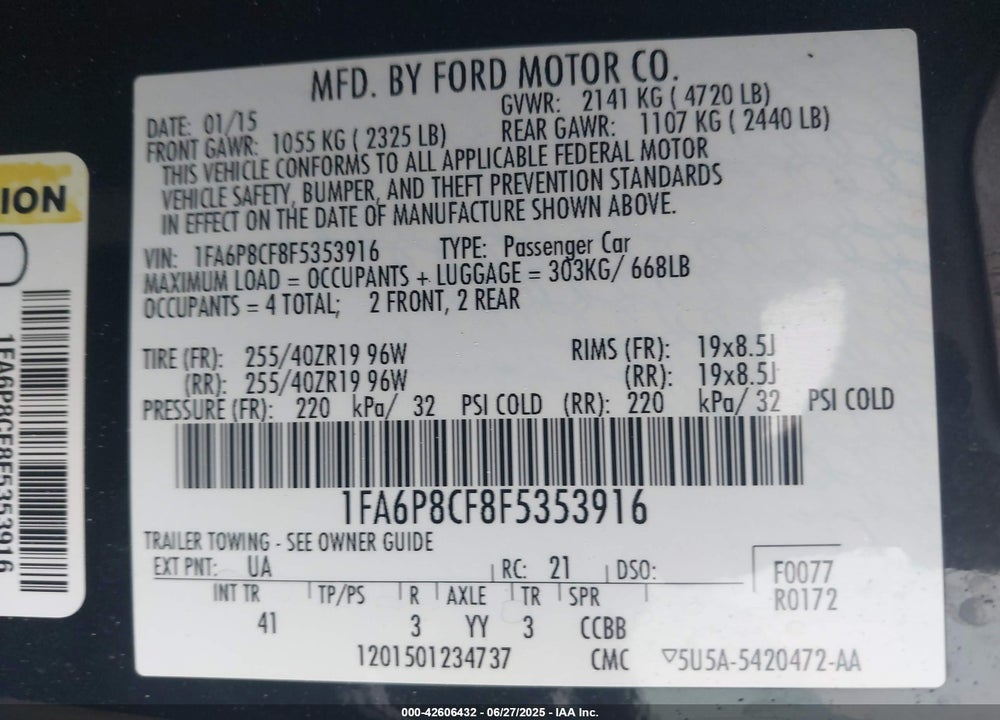 2015 FORD MUSTANG VIN: 1FA6P8CF8F5353916