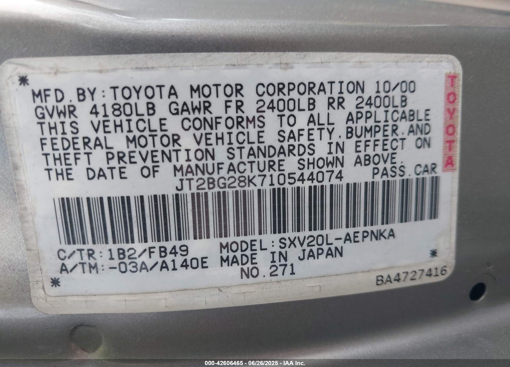 2001 TOYOTA CAMRY VIN: JT2BG28K710544074