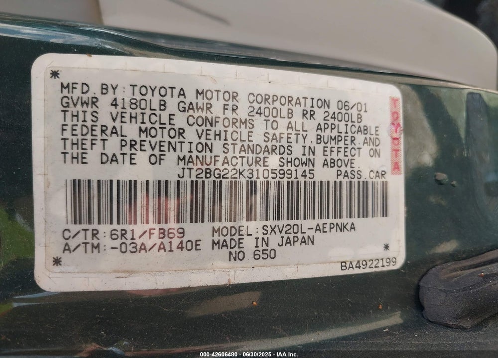 2001 TOYOTA CAMRY LE VIN: JT2BG22K310599145