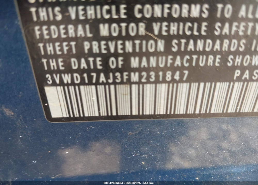 2015 VOLKSWAGEN JETTA VIN: 3VWD17AJ3FM231847