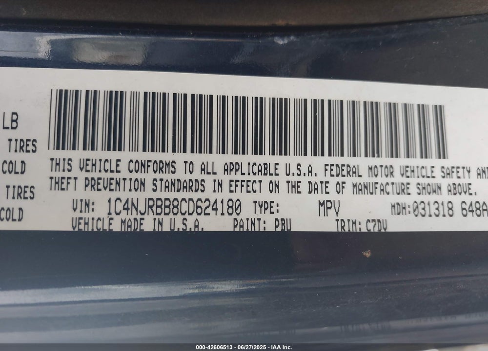 2012 JEEP PATRIOT SPORT VIN: 1C4NJRBB8CD624180