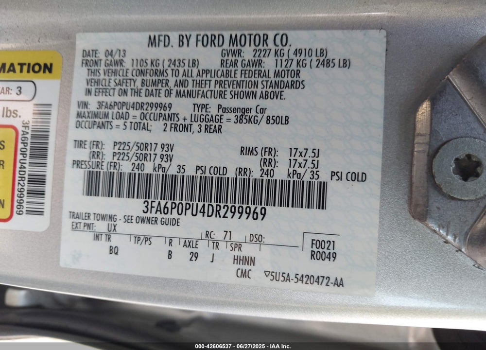 2013 FORD FUSION ENERGI VIN: 3FA6P0PU4DR299969