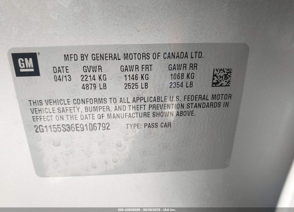 2014 CHEVROLET IMPALA VIN: 2G1155S36E9106792