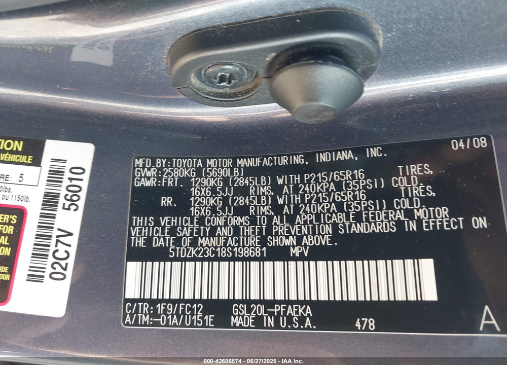 2008 TOYOTA SIENNA VIN: 5TDZK23C18S198681