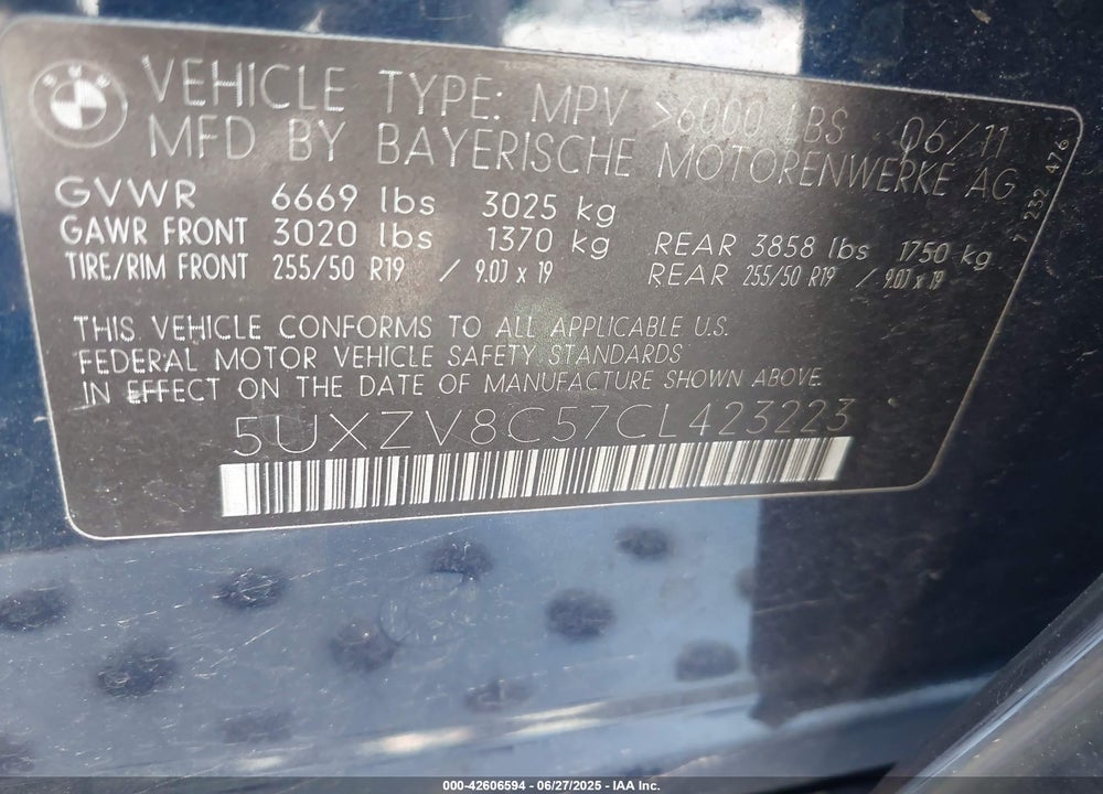 2012 BMW X5 XDRIVE50I VIN: 5UXZV8C57CL423223