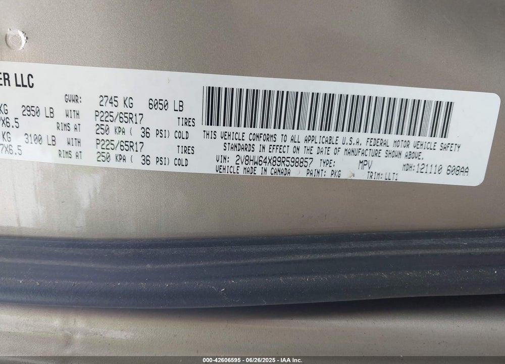 2009 VOLKSWAGEN ROUTAN VIN: 2V8HW64X89R598857