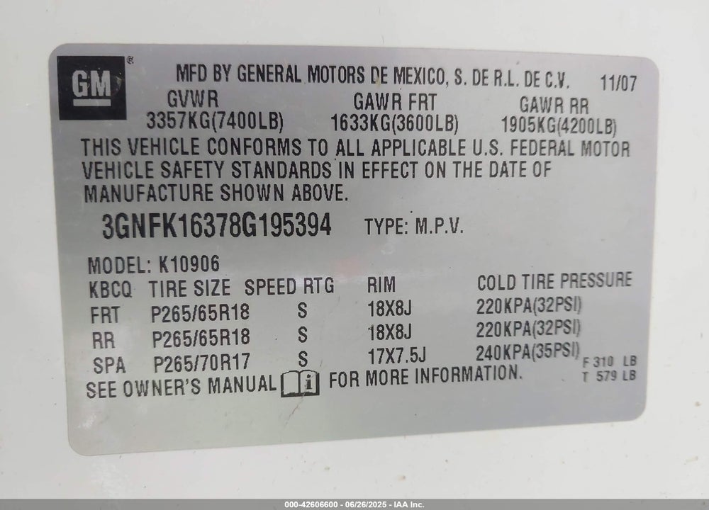 2008 CHEVROLET SUBURBAN 1500 LT VIN: 3GNFK16378G195394