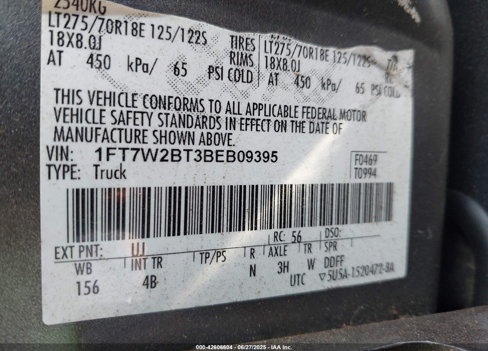 2011 FORD F-250 VIN: 1FT7W2BT3BEB09395