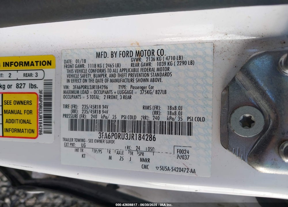2018 FORD FUSION VIN: 3FA6P0RU3JR184286