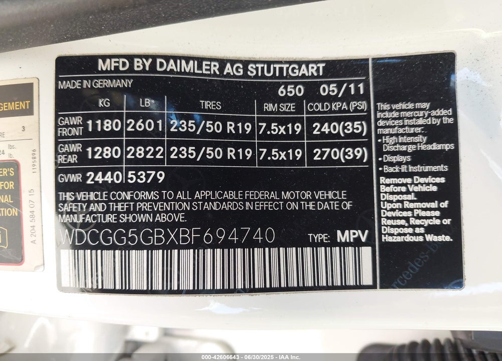 2011 MERCEDES-BENZ GLK-CLASS VIN: WDCGG5GBXBF694740