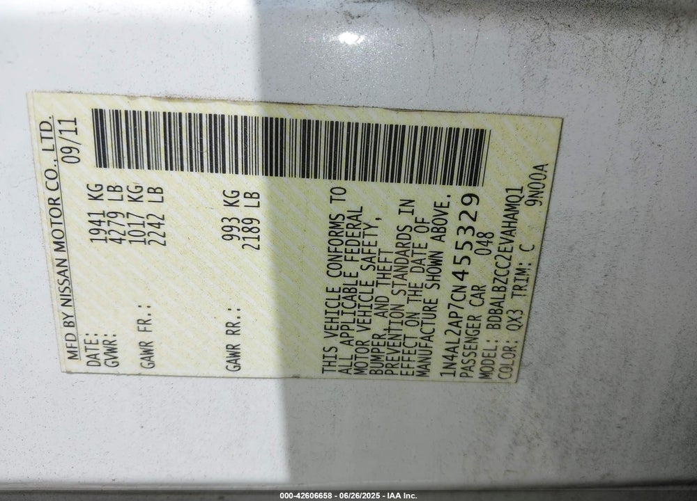 2012 NISSAN ALTIMA VIN: 1N4AL2AP7CN455329