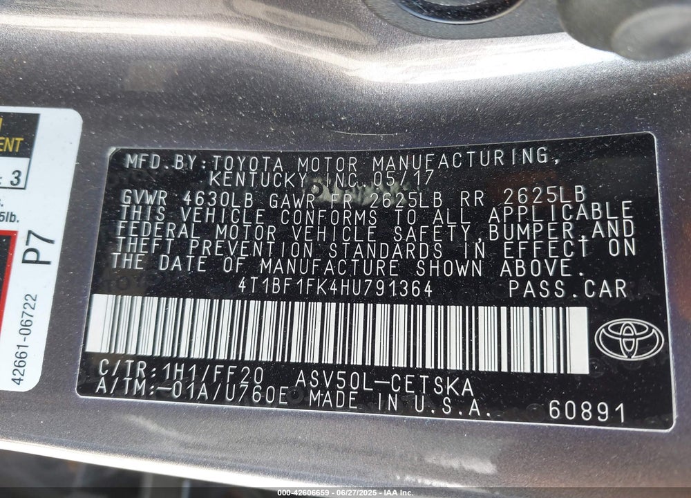 2017 TOYOTA CAMRY VIN: 4T1BF1FK4HU791364