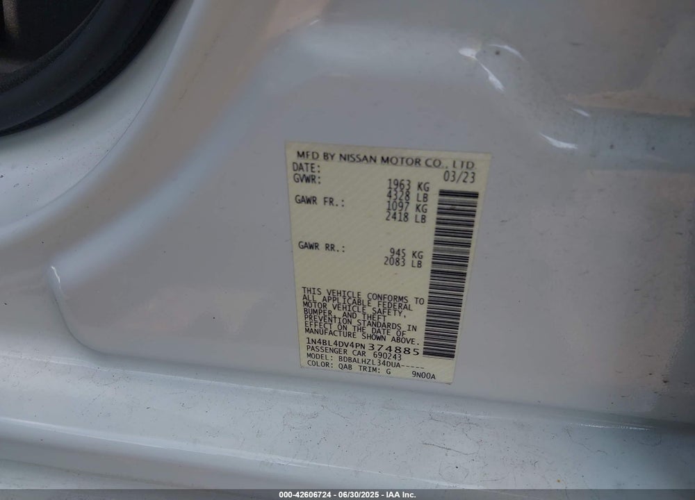 2023 NISSAN ALTIMA SV FWD VIN: 1N4BL4DV4PN374885