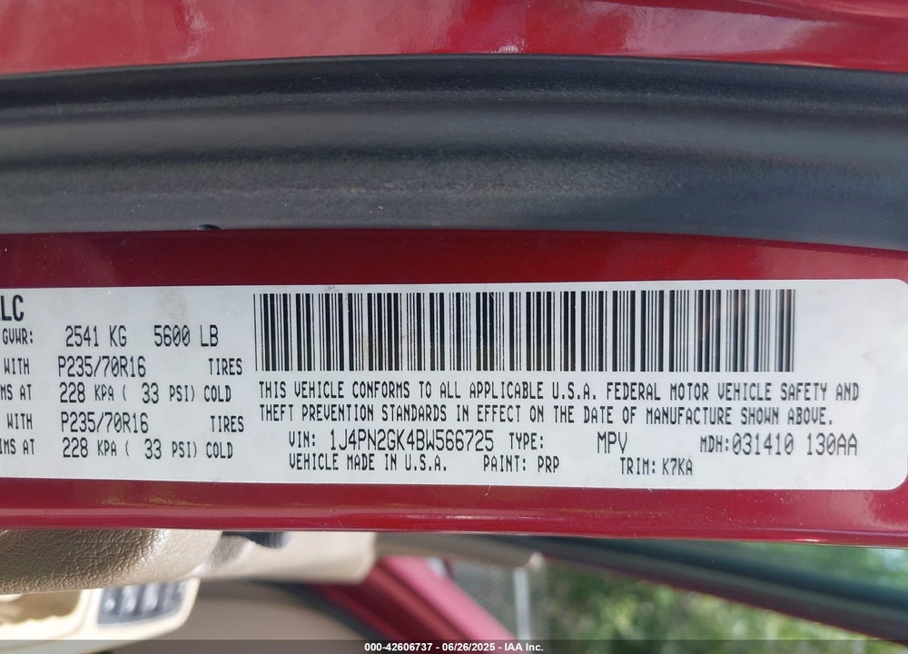 2011 JEEP LIBERTY VIN: 1J4PN2GK4BW566725