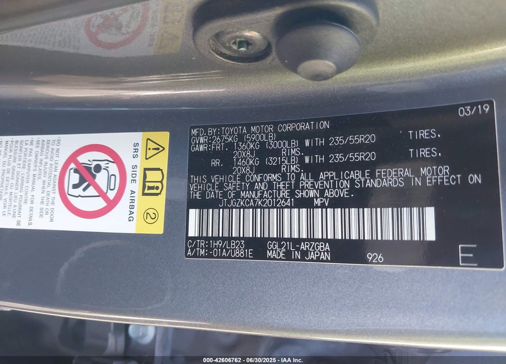 2019 LEXUS RX 350L VIN: JTJGZKCA7K2012641