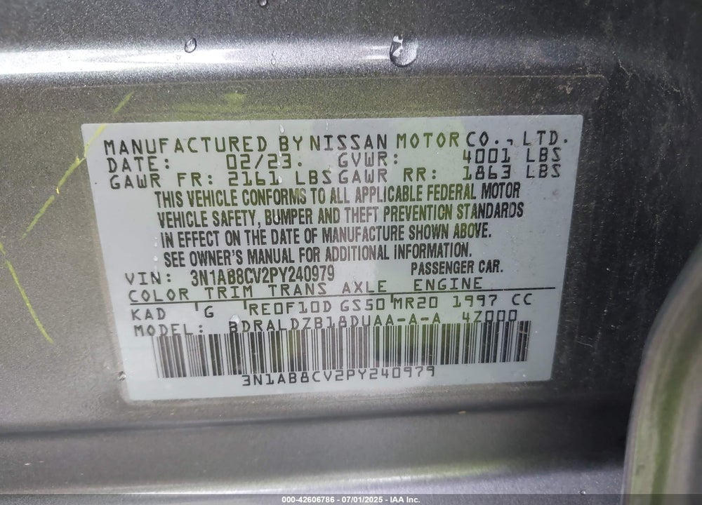 2023 NISSAN SENTRA VIN: 3N1AB8CV2PY240979
